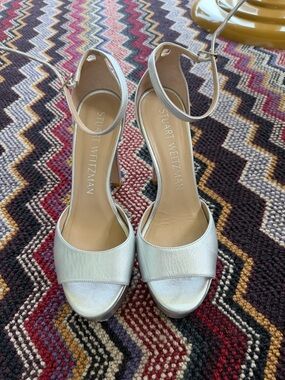 Stuart Weitzman Metallic Silver Open-Toe Ankle-Strap Heels